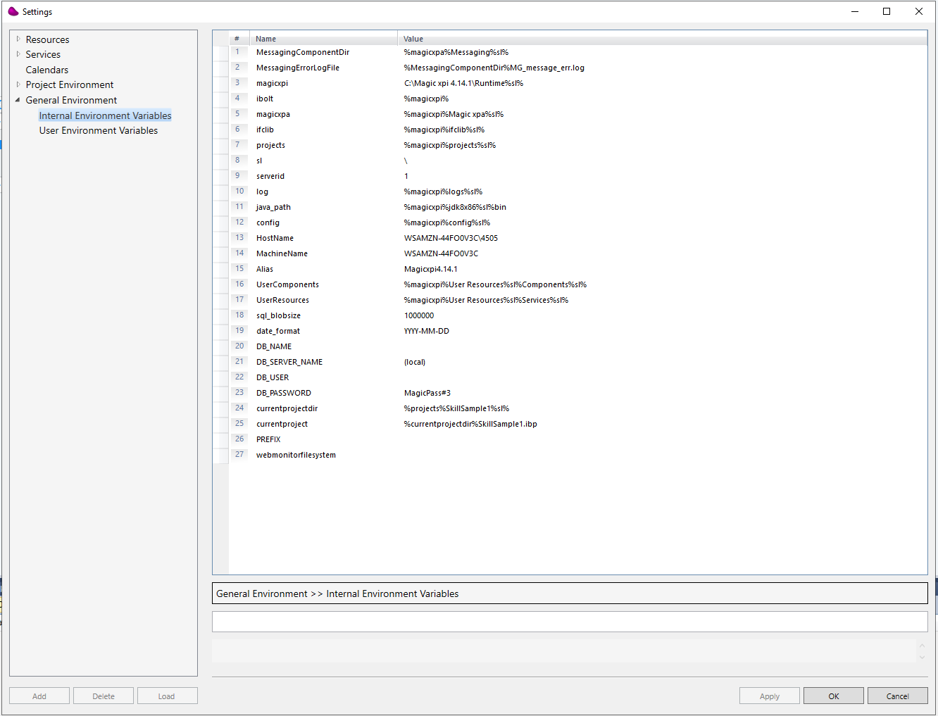 Settings dialog showing the predefined Internal Environment Variables for a Magic xpi 4.14.1 project