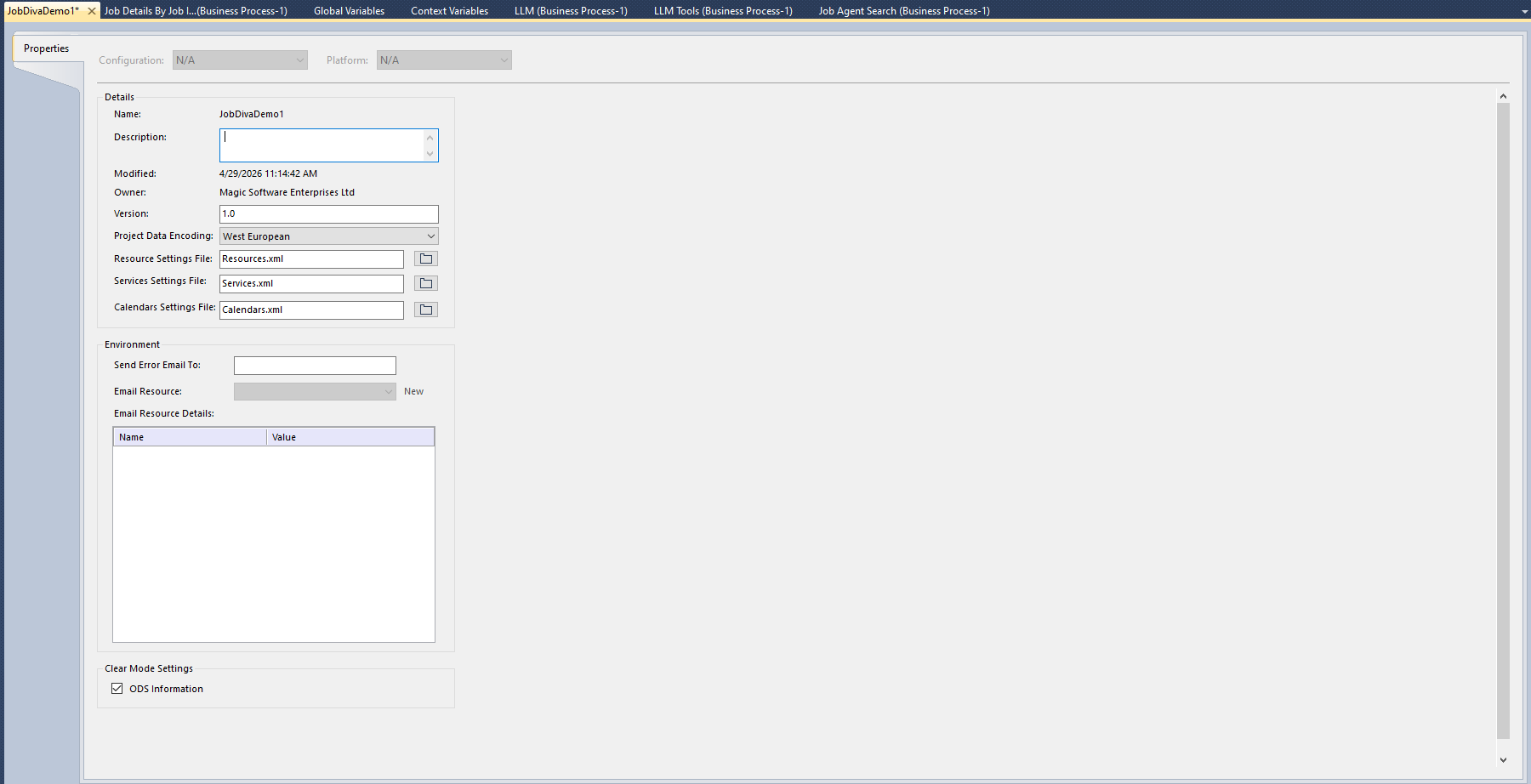 Project Properties pane showing description, version, encoding, and email environment fields