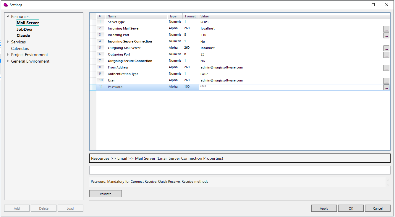 Email Mail Server resource settings showing POP3, port 110, server localhost, etc.