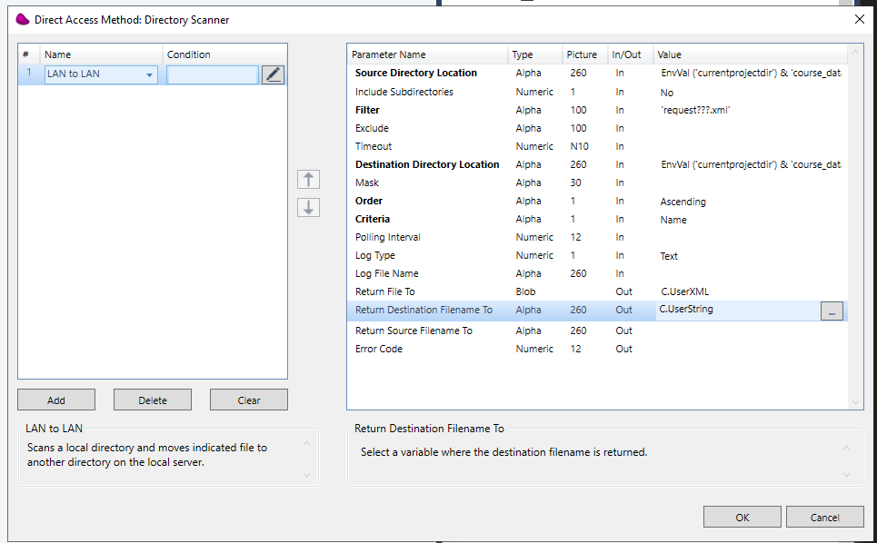 Direct Access Method dialog showing the LAN to LAN method with parameters like Source Directory Location, Filter, Destination, etc.