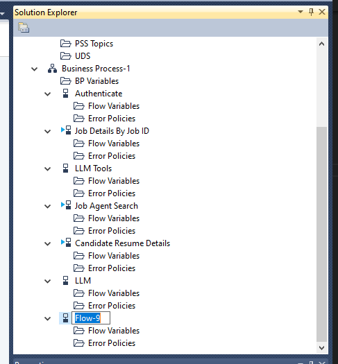 Solution Explorer with Business Process-1 expanded showing several flows and a new Flow-9 being renamed