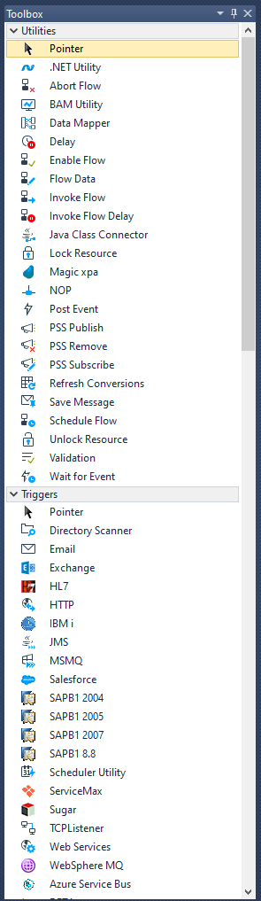 The Toolbox with Utilities and Triggers expanded showing components like Data Mapper, Email, Salesforce, REST API, etc.