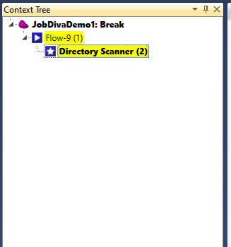 The Context Tree pane with JobDivaDemo1 paused on Flow-9 at the Directory Scanner step